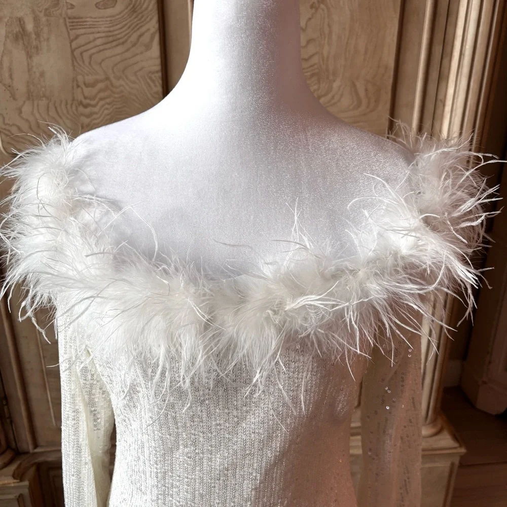 NEW White Dress, White Sequins Dress, Dress with Feathers, Prom, NWOT, Size L - Picture 4 of 10